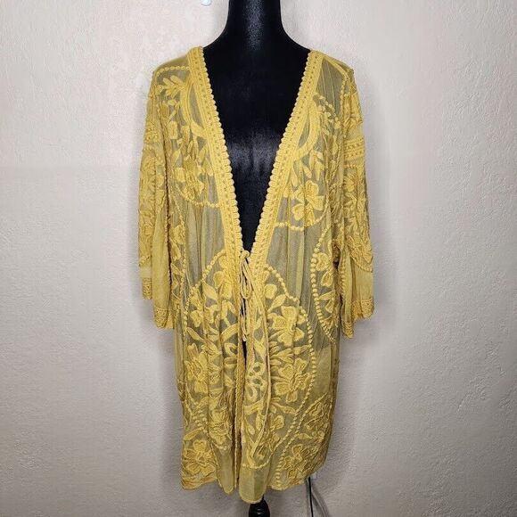UMGEE Kimono Cardigan Women Small Yellow Cotton Lace Sheer Open Front Tie Boho - Picture 2 of 9